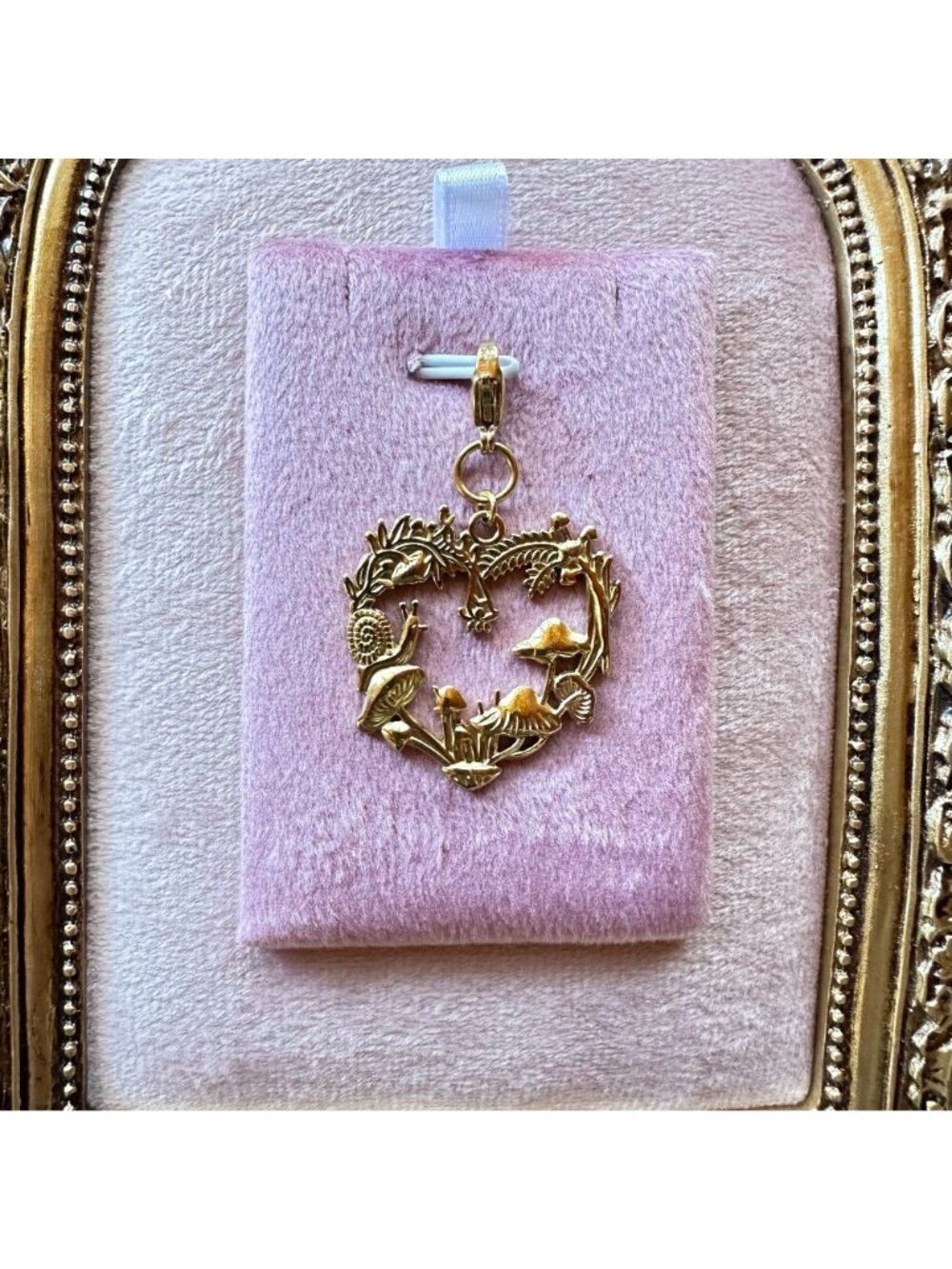 Heart-Shaped Forest Charm w/ Mushrooms & Snail Lobster Claw Clasp - Picture 2 of 14